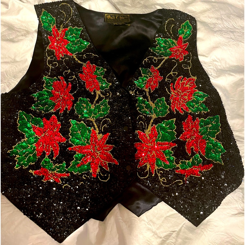 Beaded Christmas vest poinsettia ugly sweater adjustable one size